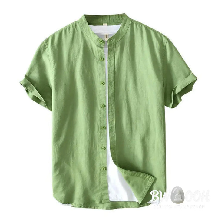 Buddha Stones Simple Style Short Sleeve Button Cotton Linen Men’s Shirt - Men’s Shirts