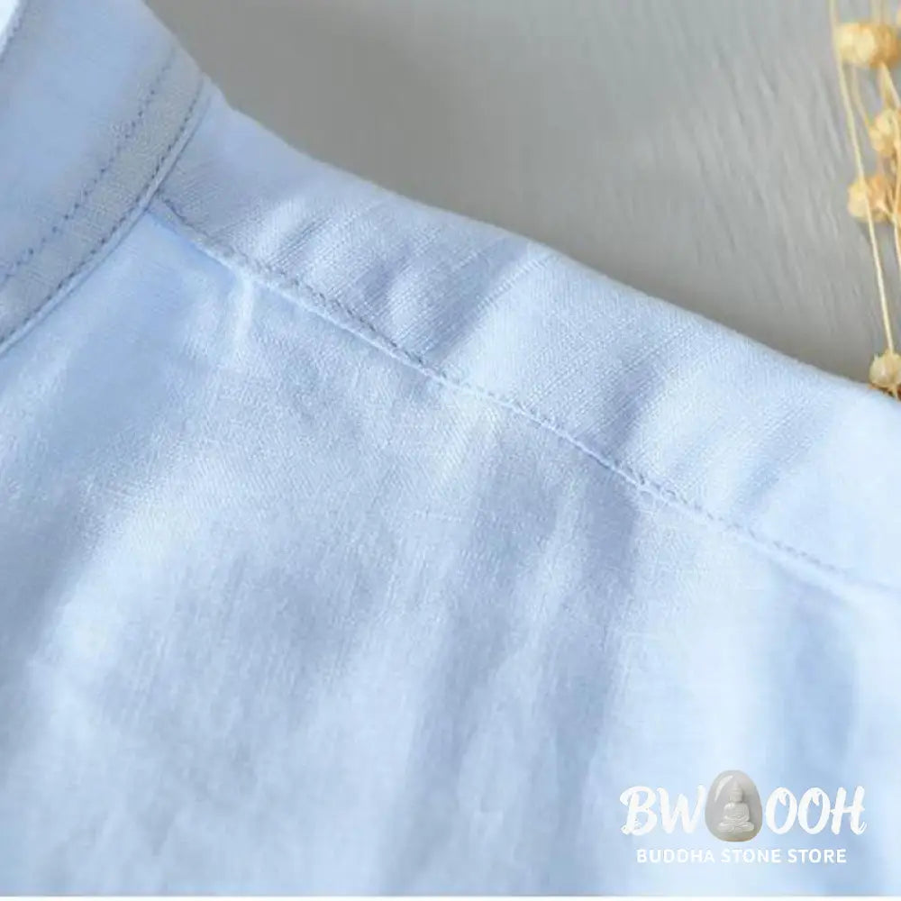 Buddha Stones Simple Style Short Sleeve Button Cotton Linen Men’s Shirt - Men’s Shirts