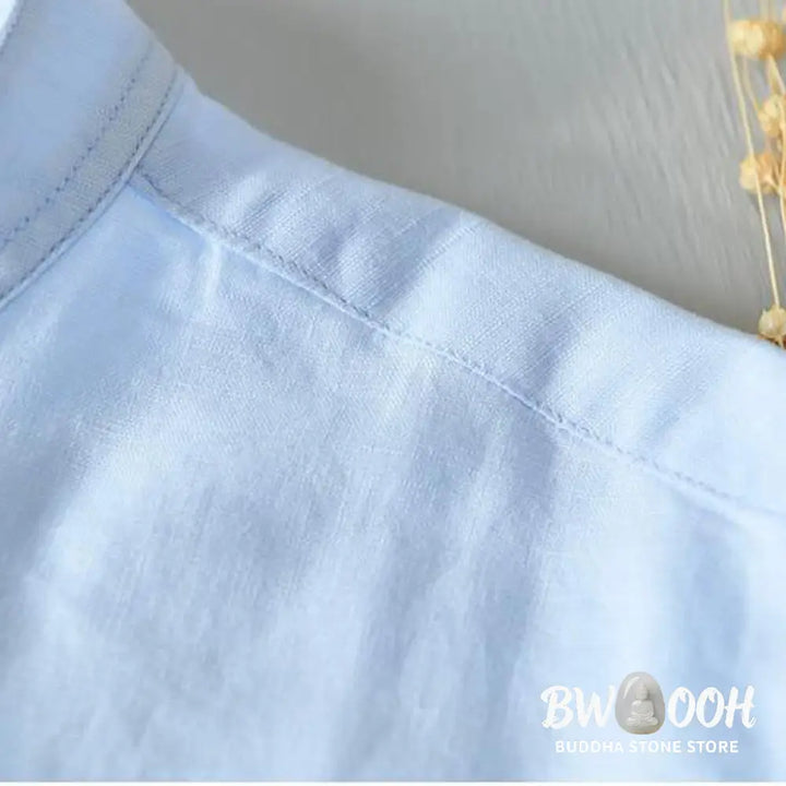 Buddha Stones Simple Style Short Sleeve Button Cotton Linen Men’s Shirt - Men’s Shirts