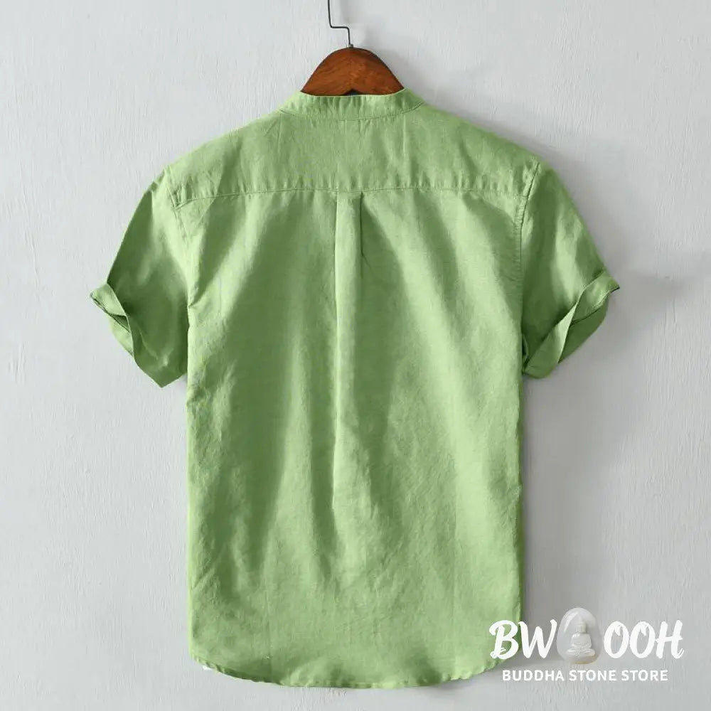 Buddha Stones Simple Style Short Sleeve Button Cotton Linen Men’s Shirt - Men’s Shirts