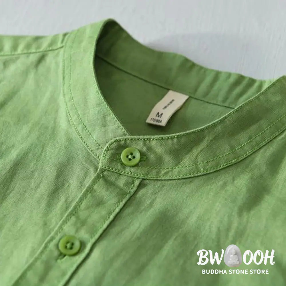 Buddha Stones Simple Style Short Sleeve Button Cotton Linen Men’s Shirt - Men’s Shirts