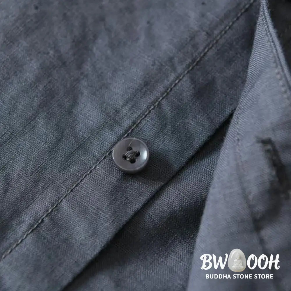 Buddha Stones Simple Style Short Sleeve Button Cotton Linen Men’s Shirt - Men’s Shirts
