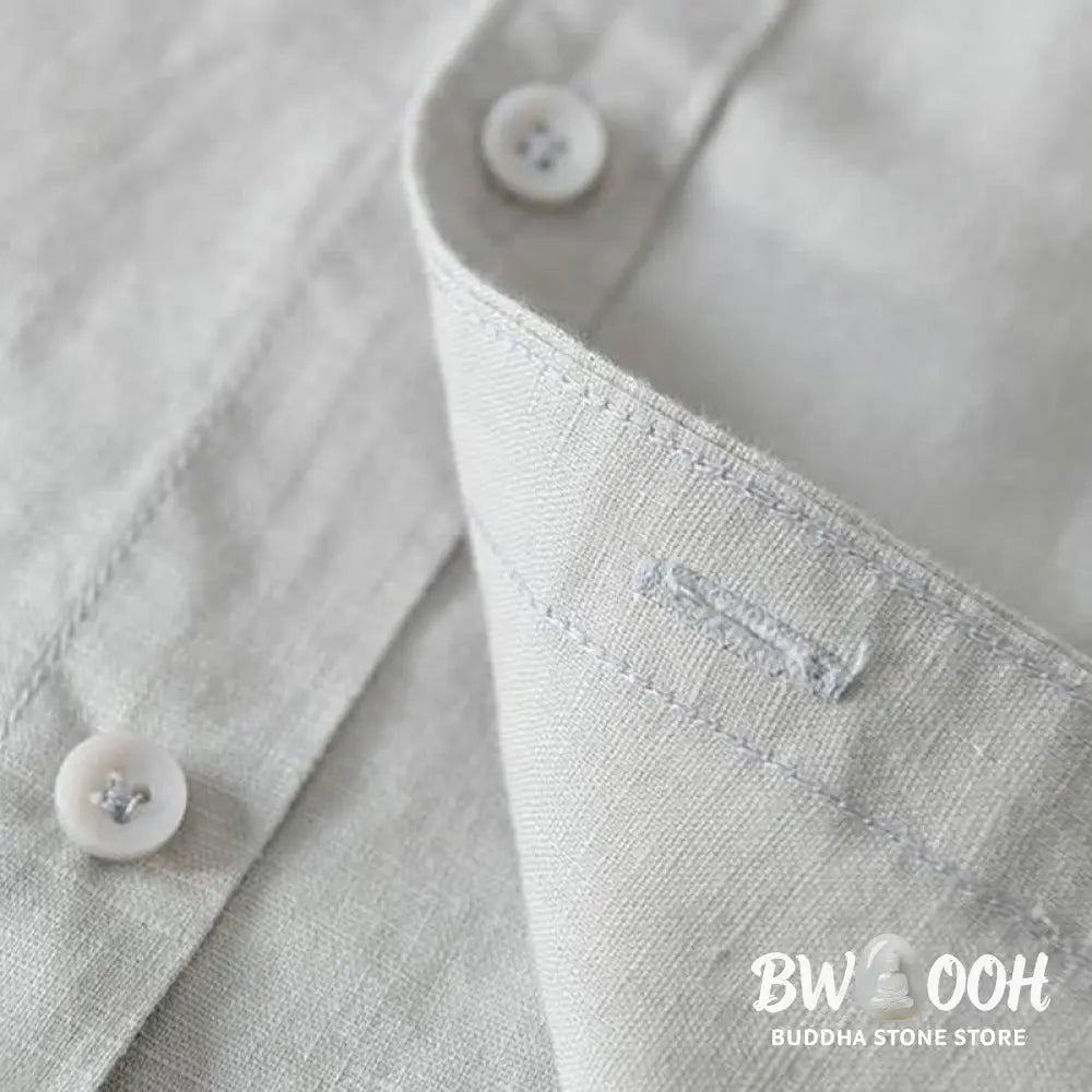 Buddha Stones Simple Style Short Sleeve Button Cotton Linen Men’s Shirt - Men’s Shirts