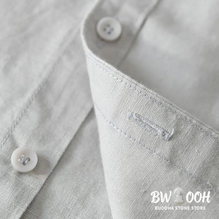 Buddha Stones Simple Style Short Sleeve Button Cotton Linen Men’s Shirt - Men’s Shirts