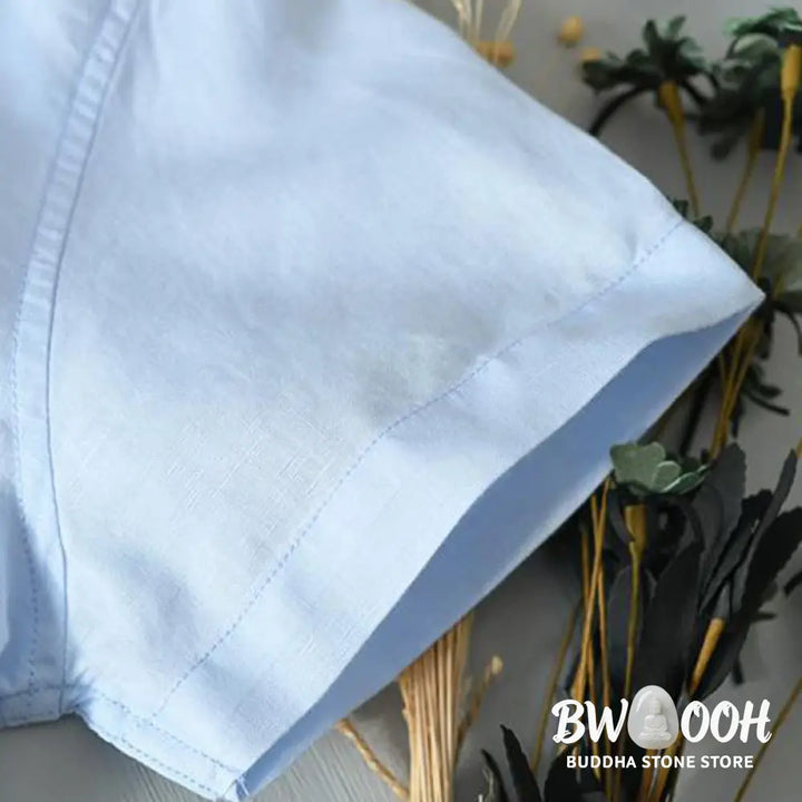 Buddha Stones Simple Style Short Sleeve Button Cotton Linen Men’s Shirt - Men’s Shirts
