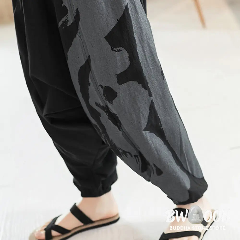 Buddha Stones Simple Summer Calligraphy Cotton Men’s Harem Pants With Pockets - Men’s Harem Pants