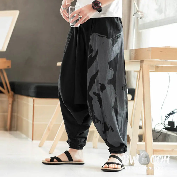 Buddha Stones Simple Summer Calligraphy Cotton Men’s Harem Pants With Pockets - Men’s Harem Pants