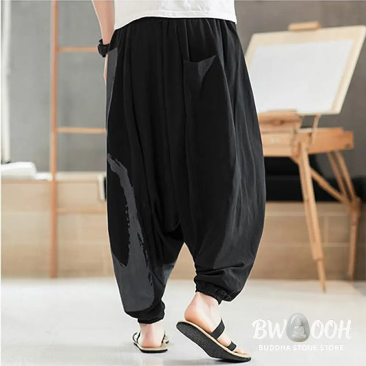 Buddha Stones Simple Summer Calligraphy Cotton Men’s Harem Pants With Pockets - Men’s Harem Pants