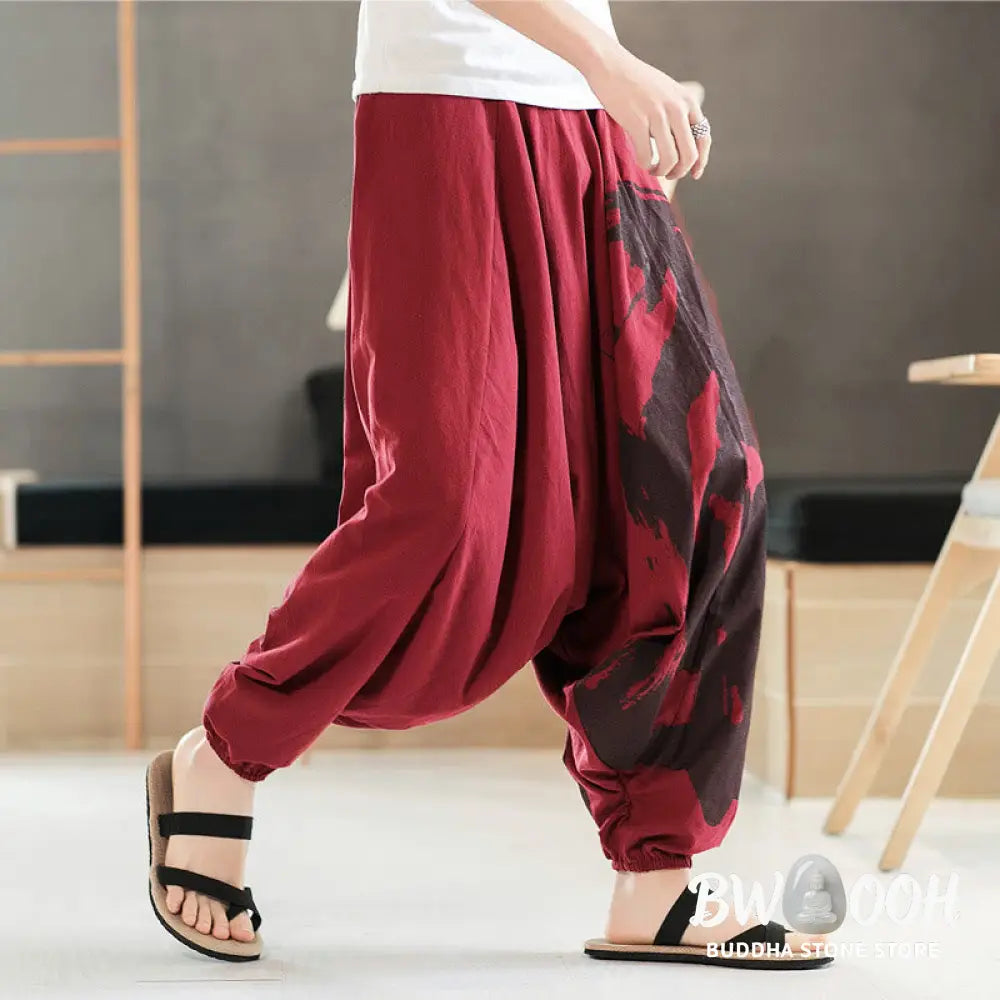 Buddha Stones Simple Summer Calligraphy Cotton Men’s Harem Pants With Pockets - Men’s Harem Pants