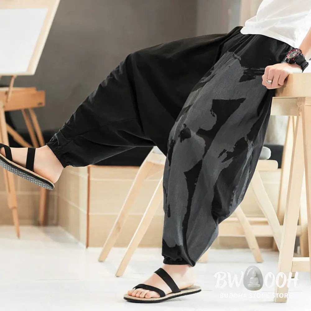Buddha Stones Simple Summer Calligraphy Cotton Men’s Harem Pants With Pockets - Men’s Harem Pants
