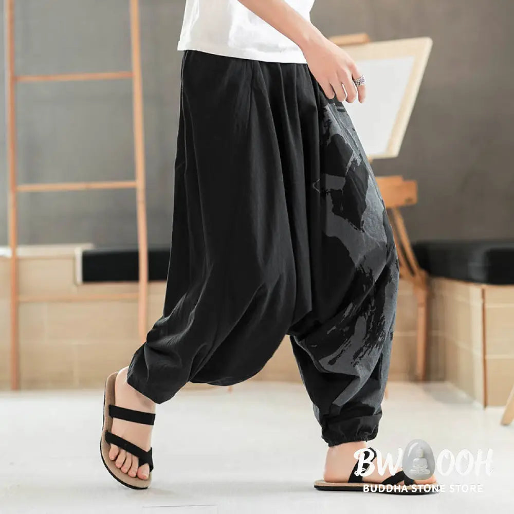 Buddha Stones Simple Summer Calligraphy Cotton Men’s Harem Pants With Pockets - Men’s Harem Pants
