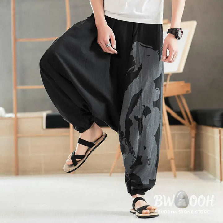 Buddha Stones Simple Summer Calligraphy Cotton Men’s Harem Pants With Pockets - Men’s Harem Pants