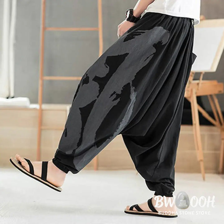 Buddha Stones Simple Summer Calligraphy Cotton Men’s Harem Pants With Pockets - Men’s Harem Pants