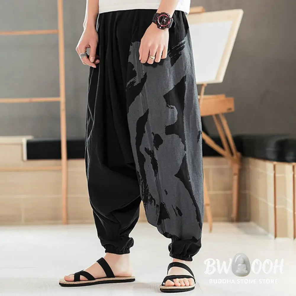 Buddha Stones Simple Summer Calligraphy Cotton Men’s Harem Pants With Pockets - Men’s Harem Pants
