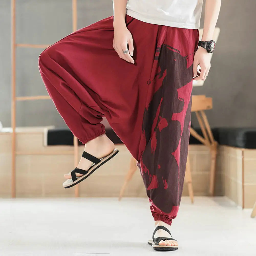 Buddha Stones Simple Summer Calligraphy Cotton Men’s Harem Pants With Pockets - Crimson / US/UK/AU34，EU44 (M) - Men’s