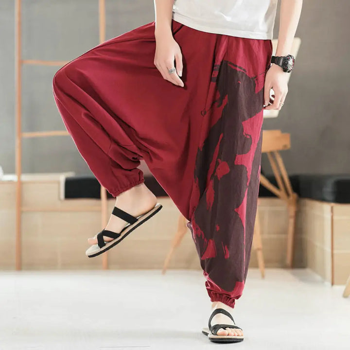 Buddha Stones Simple Summer Calligraphy Cotton Men’s Harem Pants With Pockets - Crimson / US/UK/AU34，EU44 (M) - Men’s
