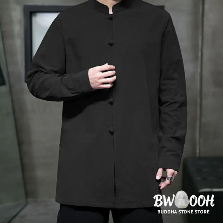 Buddha Stones Simple Tang Suit Plain Chinese Frog-Button Men’s Cotton Long Sleeve Jacket Shirt - Men’s Jacket