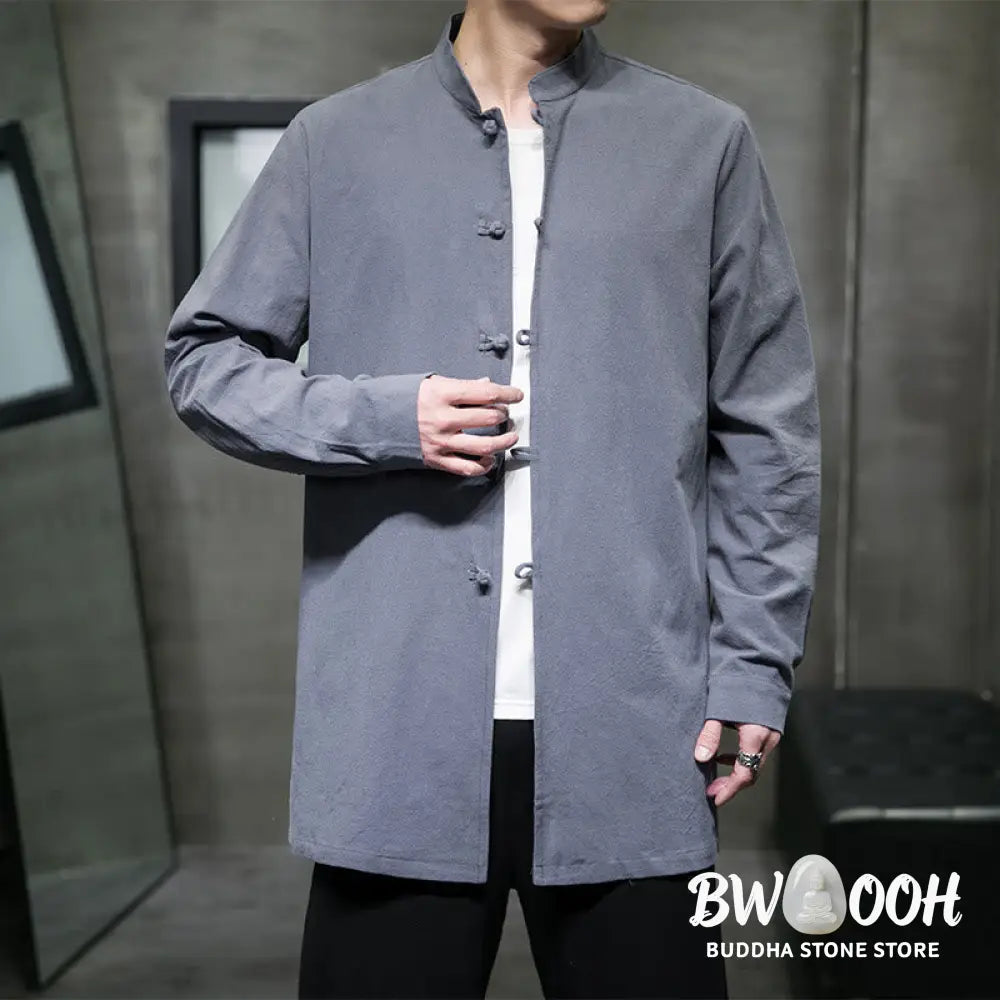 Buddha Stones Simple Tang Suit Plain Chinese Frog-Button Men’s Cotton Long Sleeve Jacket Shirt - Men’s Jacket