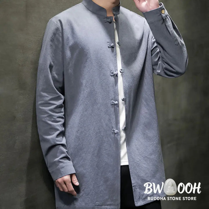 Buddha Stones Simple Tang Suit Plain Chinese Frog-Button Men’s Cotton Long Sleeve Jacket Shirt - Men’s Jacket
