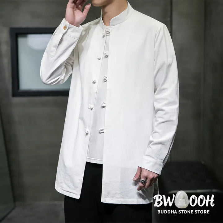 Buddha Stones Simple Tang Suit Plain Chinese Frog-Button Men’s Cotton Long Sleeve Jacket Shirt - Men’s Jacket