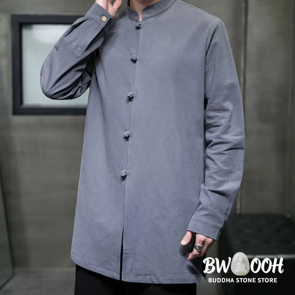 Buddha Stones Simple Tang Suit Plain Chinese Frog-Button Men’s Cotton Long Sleeve Jacket Shirt - Men’s Jacket