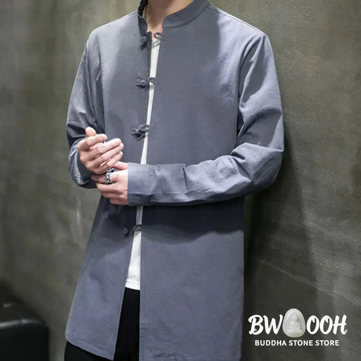 Buddha Stones Simple Tang Suit Plain Chinese Frog-Button Men’s Cotton Long Sleeve Jacket Shirt - Men’s Jacket