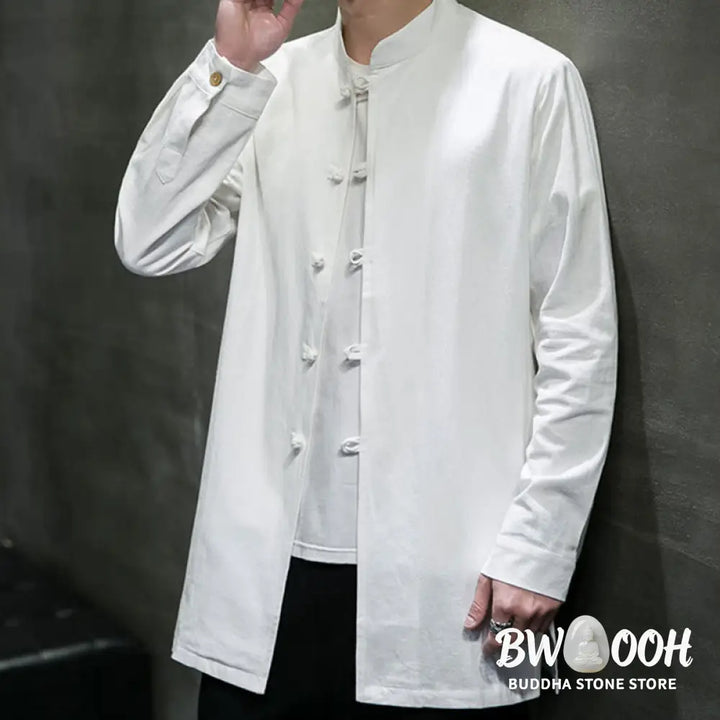 Buddha Stones Simple Tang Suit Plain Chinese Frog-Button Men’s Cotton Long Sleeve Jacket Shirt - Men’s Jacket