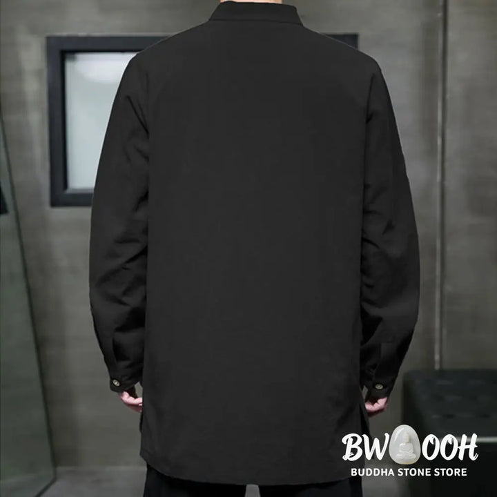 Buddha Stones Simple Tang Suit Plain Chinese Frog-Button Men’s Cotton Long Sleeve Jacket Shirt - Men’s Jacket