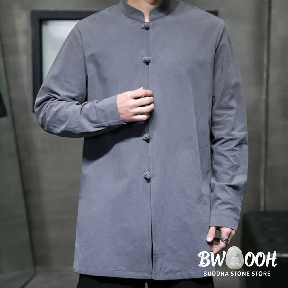 Buddha Stones Simple Tang Suit Plain Chinese Frog-Button Men’s Cotton Long Sleeve Jacket Shirt - Men’s Jacket