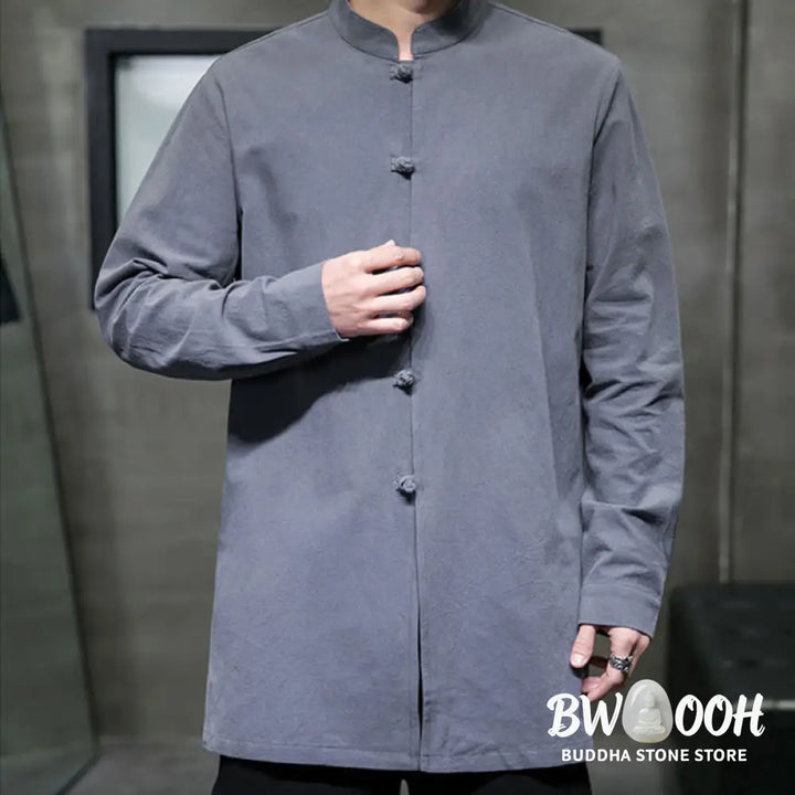 Buddha Stones Simple Tang Suit Plain Chinese Frog-Button Men’s Cotton Long Sleeve Jacket Shirt - Men’s Jacket
