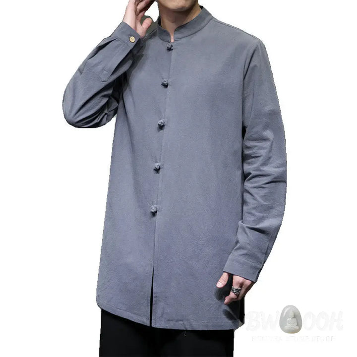 Buddha Stones Simple Tang Suit Plain Chinese Frog-Button Men’s Cotton Long Sleeve Jacket Shirt - Men’s Jacket