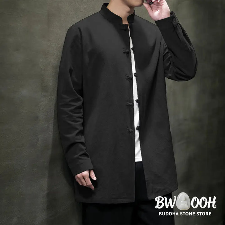 Buddha Stones Simple Tang Suit Plain Chinese Frog-Button Men’s Cotton Long Sleeve Jacket Shirt - Men’s Jacket
