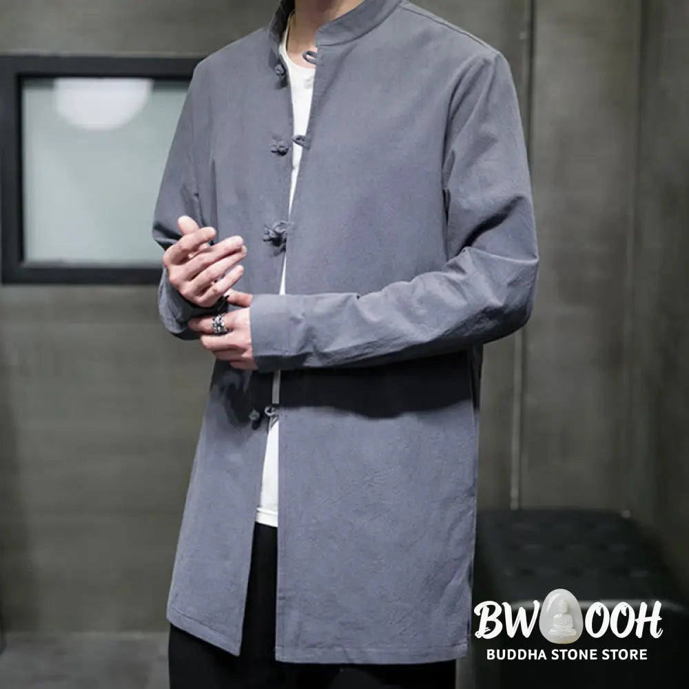 Buddha Stones Simple Tang Suit Plain Chinese Frog-Button Men’s Cotton Long Sleeve Jacket Shirt - Men’s Jacket