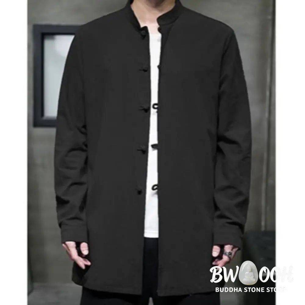 Buddha Stones Simple Tang Suit Plain Chinese Frog-Button Men’s Cotton Long Sleeve Jacket Shirt - Men’s Jacket