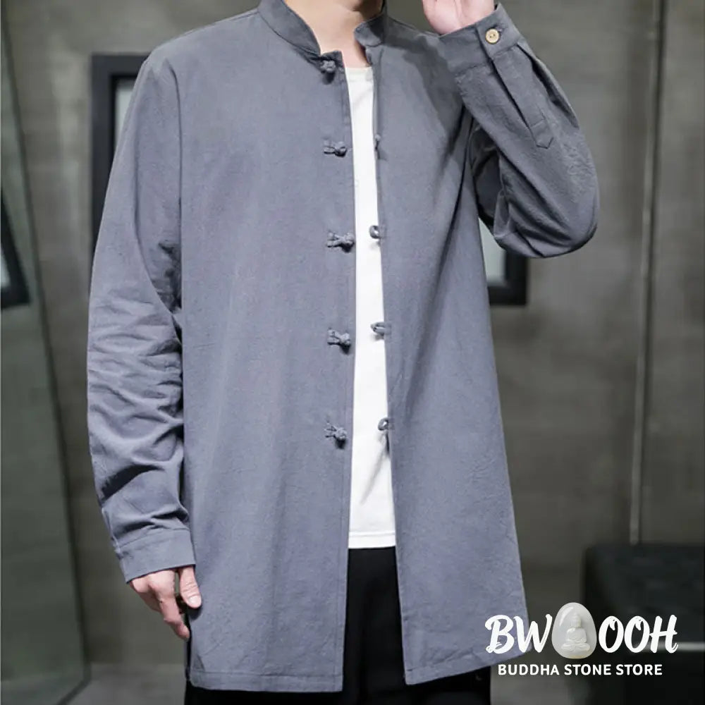 Buddha Stones Simple Tang Suit Plain Chinese Frog-Button Men’s Cotton Long Sleeve Jacket Shirt - Men’s Jacket