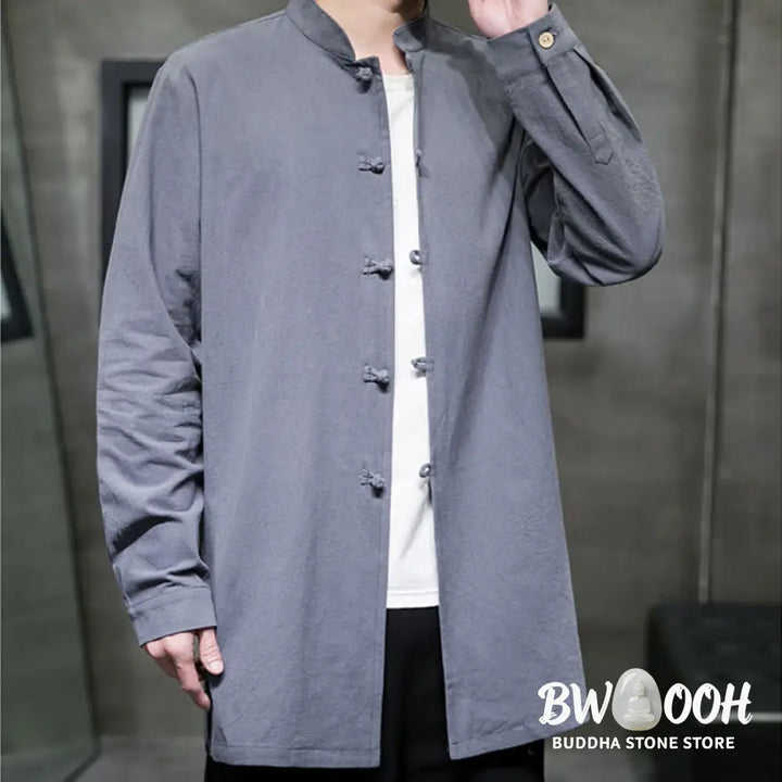 Buddha Stones Simple Tang Suit Plain Chinese Frog-Button Men’s Cotton Long Sleeve Jacket Shirt - Men’s Jacket