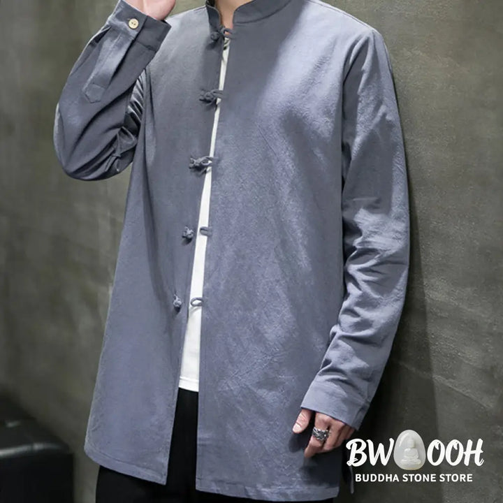 Buddha Stones Simple Tang Suit Plain Chinese Frog-Button Men’s Cotton Long Sleeve Jacket Shirt - Men’s Jacket