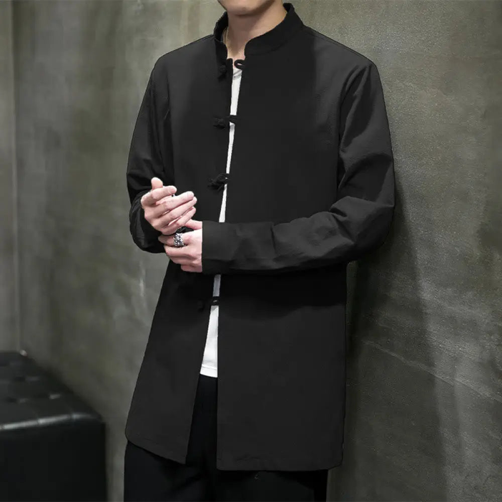 Buddha Stones Simple Tang Suit Plain Chinese Frog-Button Men’s Cotton Long Sleeve Jacket Shirt - Black
