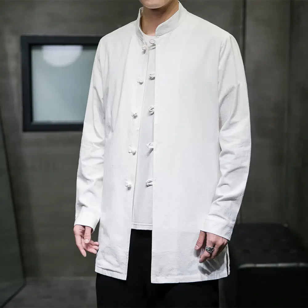 Buddha Stones Simple Tang Suit Plain Chinese Frog-Button Men’s Cotton Long Sleeve Jacket Shirt - White