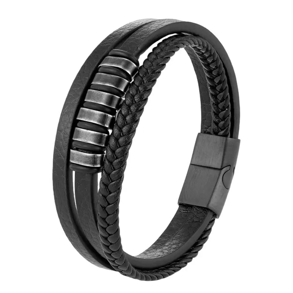 BWOOOH Simple Titanium Steel Braided Three-layer Leather Buckle Calm Bracelet — natural stone Tibetan bracelet for spiritu...