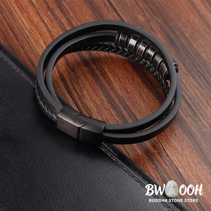 Buddha Stones Simple Titanium Steel Braided Three-layer Leather Buckle Calm Bracelet - BWOOOH - Bracelet