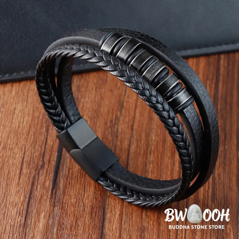 Buddha Stones Simple Titanium Steel Braided Three-layer Leather Buckle Calm Bracelet - BWOOOH - Bracelet