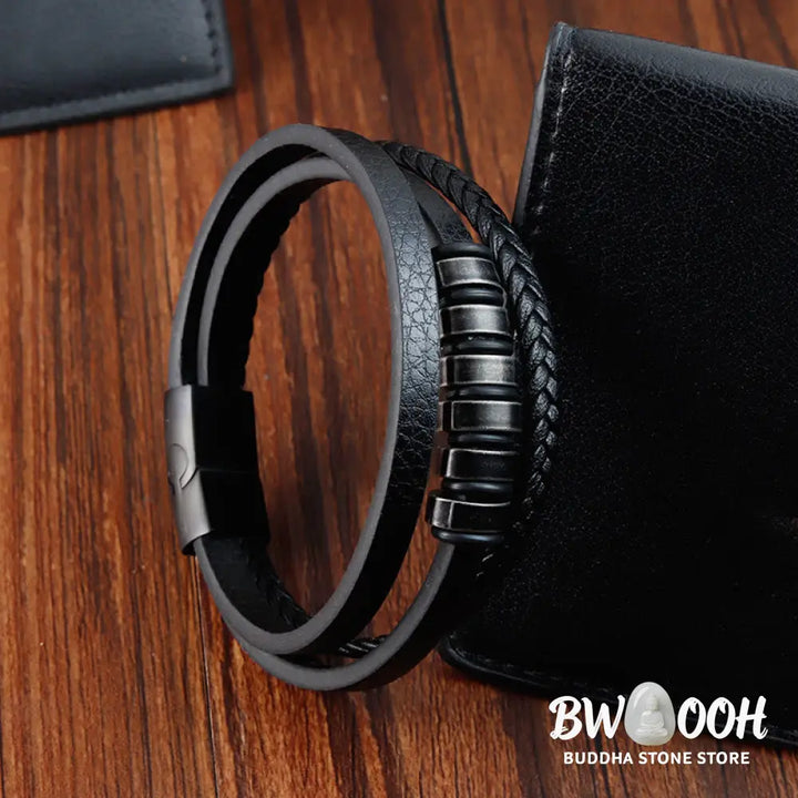 Buddha Stones Simple Titanium Steel Braided Three-layer Leather Buckle Calm Bracelet - BWOOOH - Bracelet