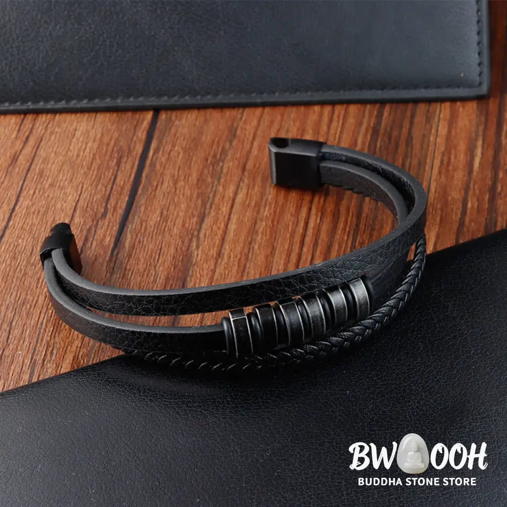 Buddha Stones Simple Titanium Steel Braided Three-layer Leather Buckle Calm Bracelet - BWOOOH - Bracelet