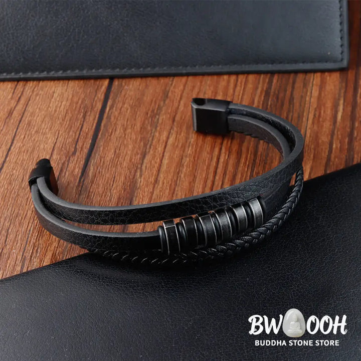 Buddha Stones Simple Titanium Steel Braided Three-layer Leather Buckle Calm Bracelet - BWOOOH - Bracelet