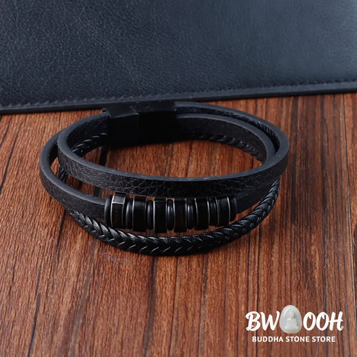 Buddha Stones Simple Titanium Steel Braided Three-layer Leather Buckle Calm Bracelet - BWOOOH - Bracelet