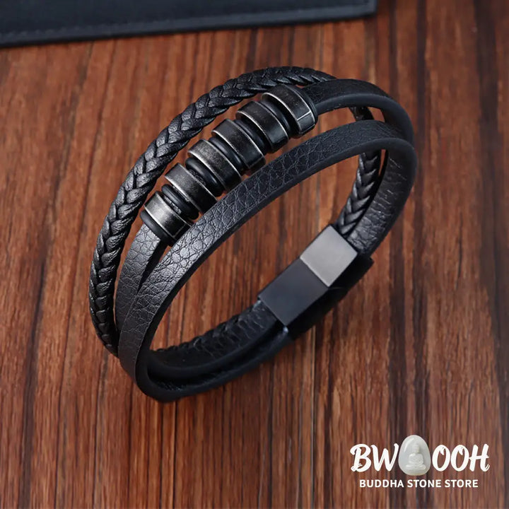 Buddha Stones Simple Titanium Steel Braided Three-layer Leather Buckle Calm Bracelet - BWOOOH - Bracelet