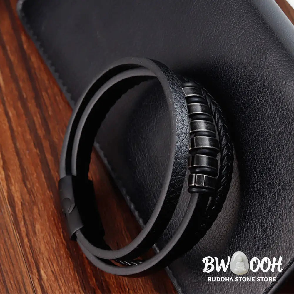 Buddha Stones Simple Titanium Steel Braided Three-layer Leather Buckle Calm Bracelet - BWOOOH - Bracelet
