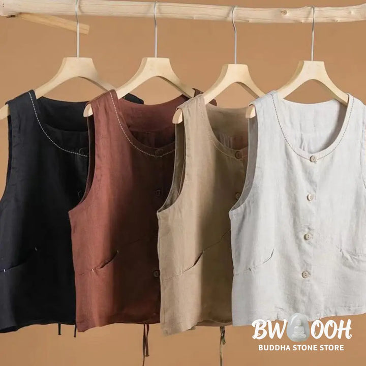 Buddha Stones Single Breasted Sleeveless Design Cotton Linen Women’s Vest WIth Pockets - Women’s Vest