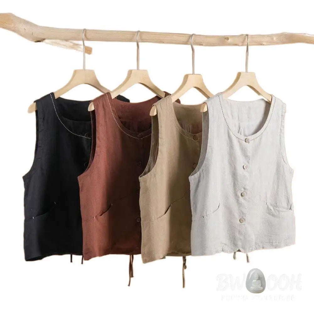 Buddha Stones Single Breasted Sleeveless Design Cotton Linen Women’s Vest WIth Pockets - Women’s Vest